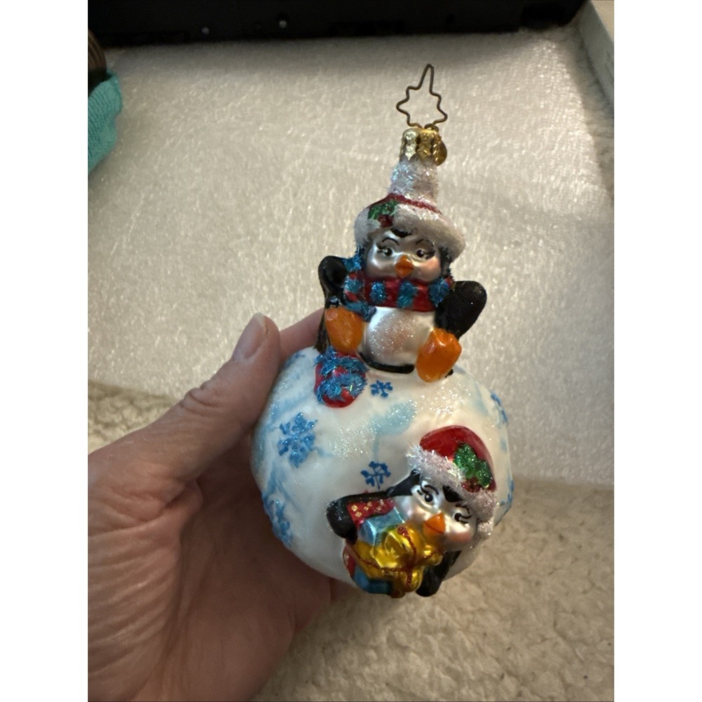 vintage christopher radko ornament " Penny Roll"  Two Penguins On A Snowball